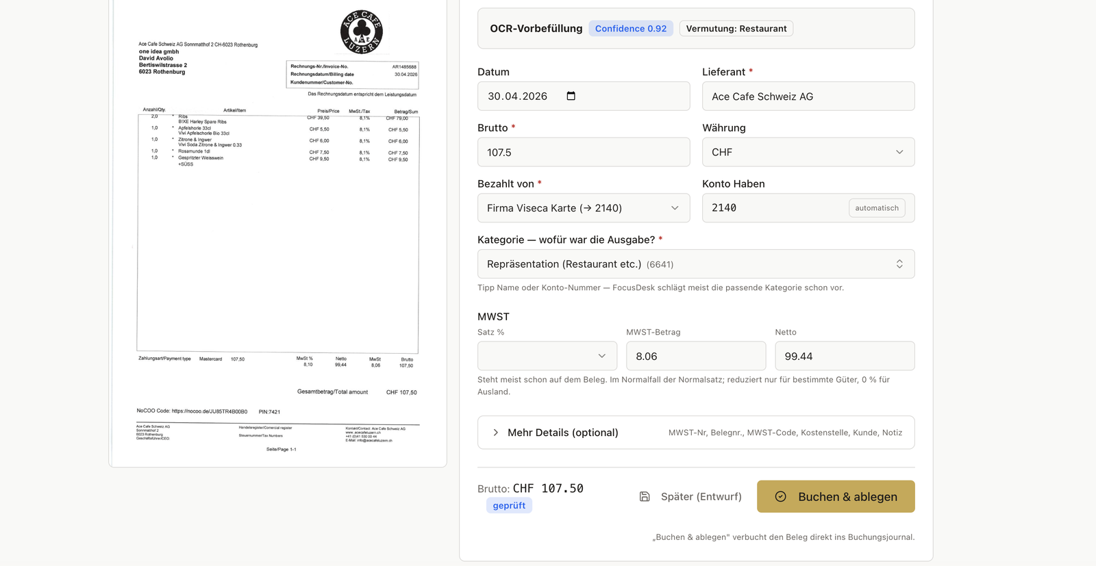 FocusDesk Beleg-Detailansicht: aus dem fotografierten Beleg hat die KI per OCR Lieferant, Betrag und MwSt ausgelesen (OCR-Vorbefüllung, Sicherheit 0.92) und schlägt das Konto automatisch vor.