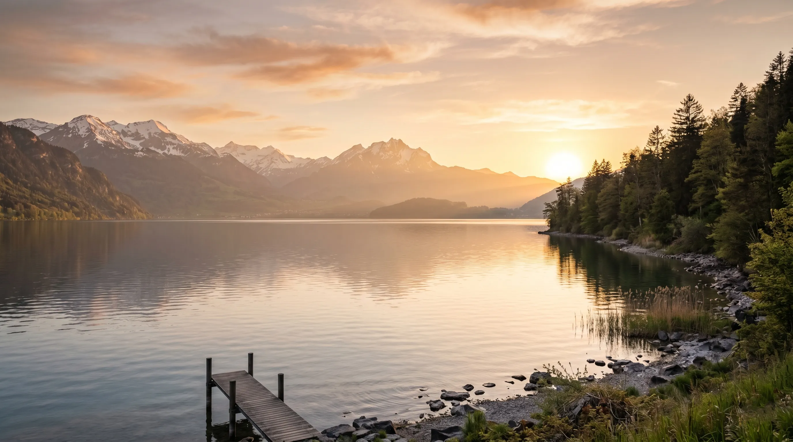 Ruhiger Schweizer Bergsee am Morgen